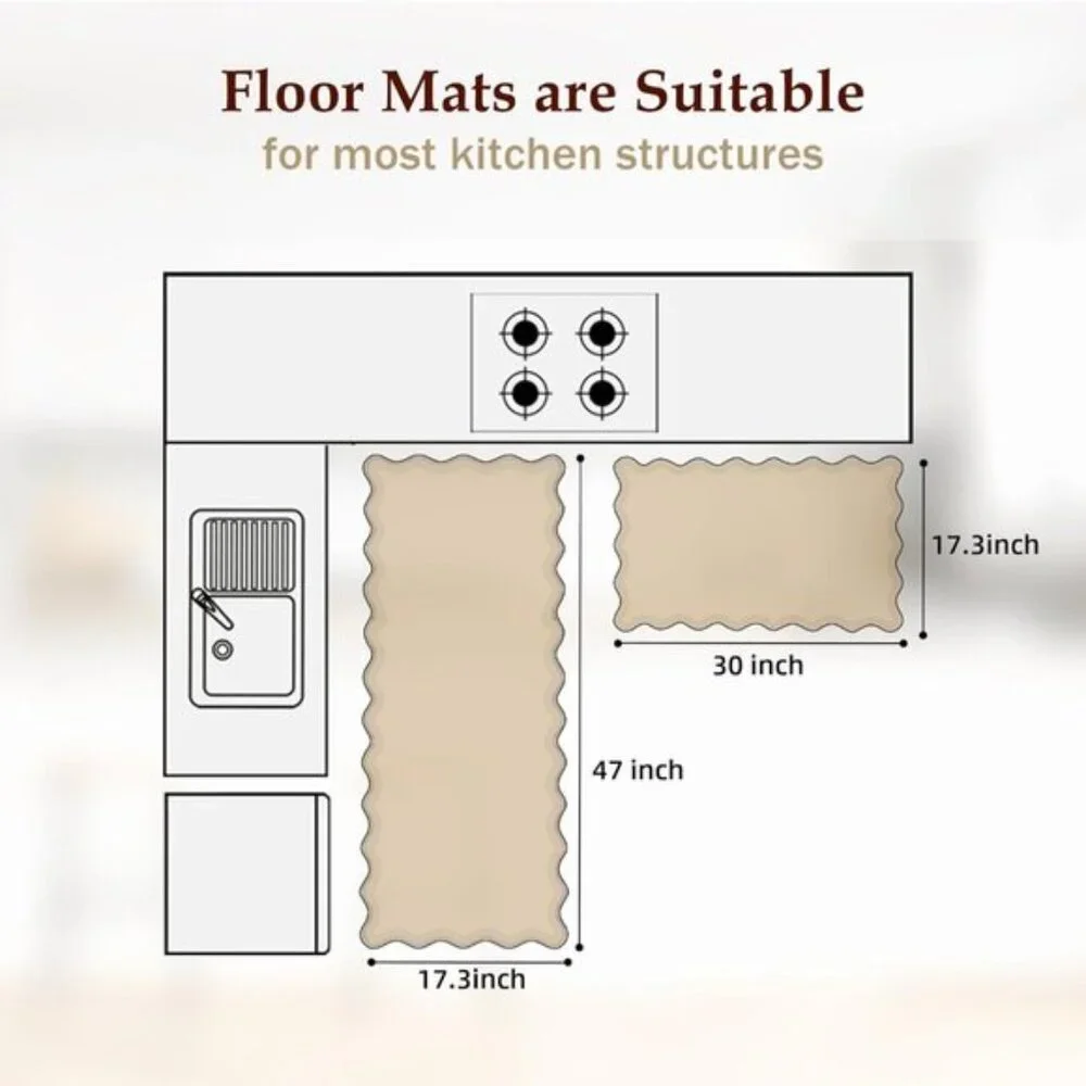 New 2Pcs Scalloped Kitchen Mats, Cushioned Non-Slip Waterproof Anti-Fatigue Rugs